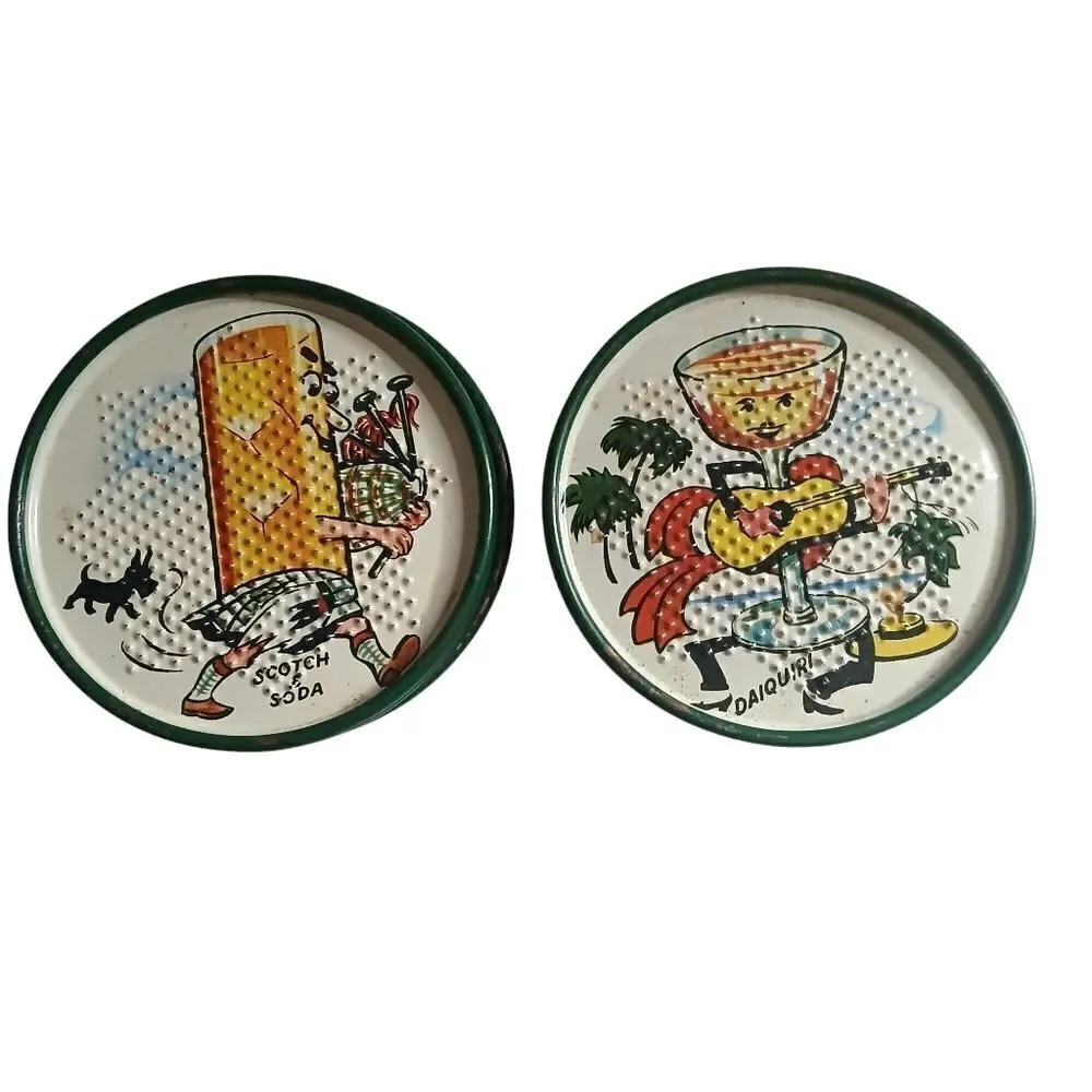 1950's Tin Litho Drink Coasters Scotch Soda Daiquiri Vintage 8 Set
